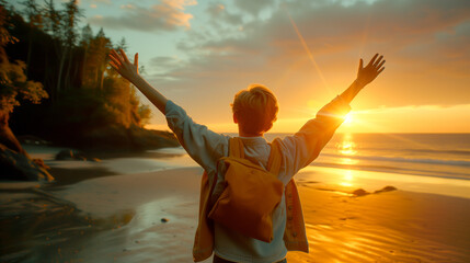 A person raising arms high in celebration facing the sunset on a serene beach - obrazy, fototapety, plakaty