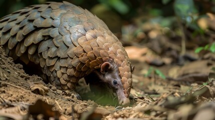 This close-up shot captures a Chinese Pangolin as it digs for food on the ground. The small animals scales and claws are visible as it searches for insects.