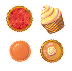 sticker without background with white outline. stickers of cakes, sweets and cute candy. Illustration, design, postcard, , sticker, background,  ploster