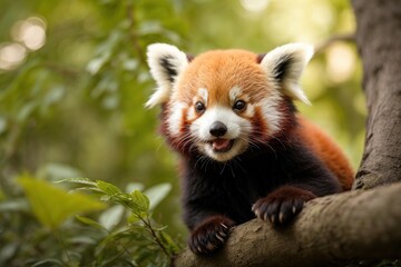 cute baby red panda very happy and playful in the trees