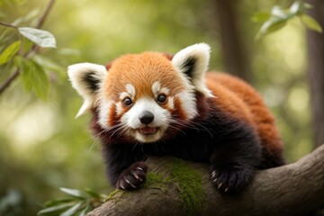 Naklejka premium cute baby red panda very happy and playful in the trees