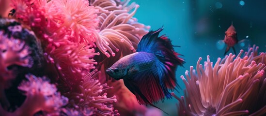 Fototapeta na wymiar purple betta fish on beautiful aquarium