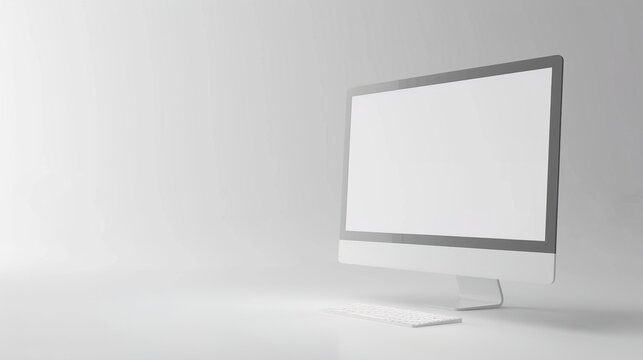 A minimalist desktop computer in sleek silver against a backdrop of pristine white, its monitor displaying crisp graphics and clean lines, embodying elegance in simplicity.
