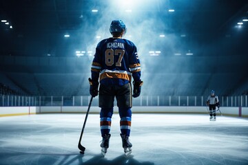 dark silhouette of a male hockey player in a uniform