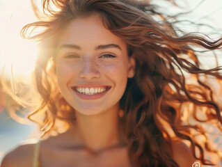 Radiant woman with flowing hair and sun-kissed freckles smiling joyfully - obrazy, fototapety, plakaty