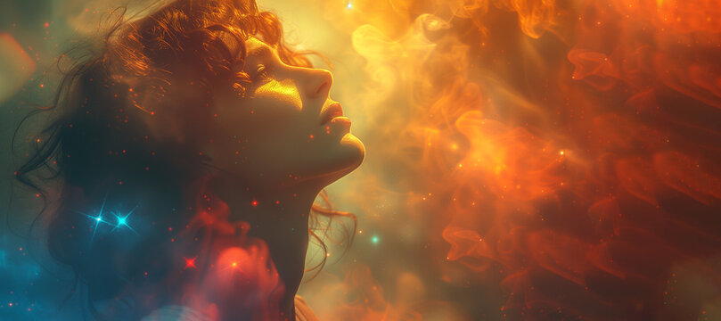 a woman's face in profile where she raised her head and looks up when everything around is in fire and smoke symbolizing her passion and energy, widescreen image banner