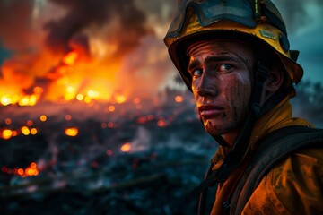 Fototapeta premium Firefighter stands before inferno, visage smeared with grime, expression resolute. Fire combatant before blaze, features streaked with soot, steadfast look, in protective attire.