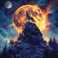 A lone wolf howling atop a rocky outcrop, a vast, untouched wilderness spread out beneath a blanket of stars
