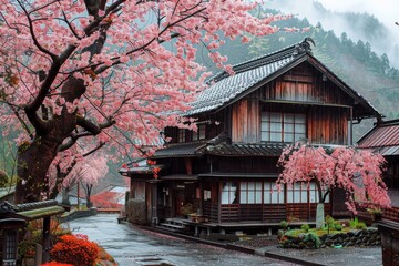 A house with a pink roof sits in front of a tree with pink blossoms. The house is surrounded by a path and a garden. The scene is peaceful and serene