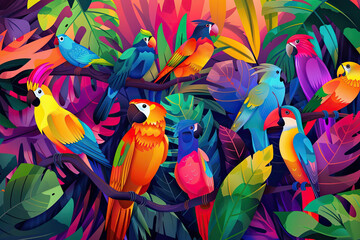 Illustration of parrots in tropics in vivid bright colors