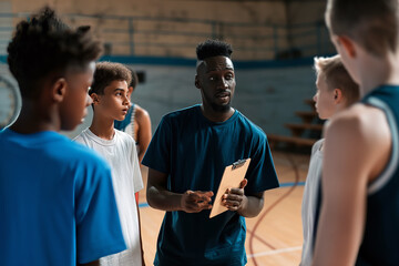 Basketball Coach With the Team. Boys Standing on the Training Court During Briefing With Trainer