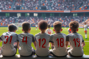 Group of School Boys on the Bench at Football Game. Youth Soccer Players Watching League Match. Kids Wearing White Soccer Jersey Shirts