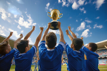 Players in a Sports Team Raise a Golden Trophy. Teenage Boys Have Fun on a Football Team. Children Celebrate Winning Sports Championships. A Group of Anonymous Soccer Players Celebrate Success