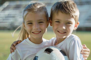 Happy Friends Play Soccer Game Together. Children Play Sports on Sunny Summer Day. Little Boy and Girl Smiling to the Camera and Holding Soccer Ball