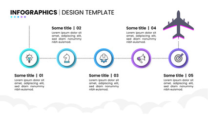 Infographic template. Plane with line and 5 steps