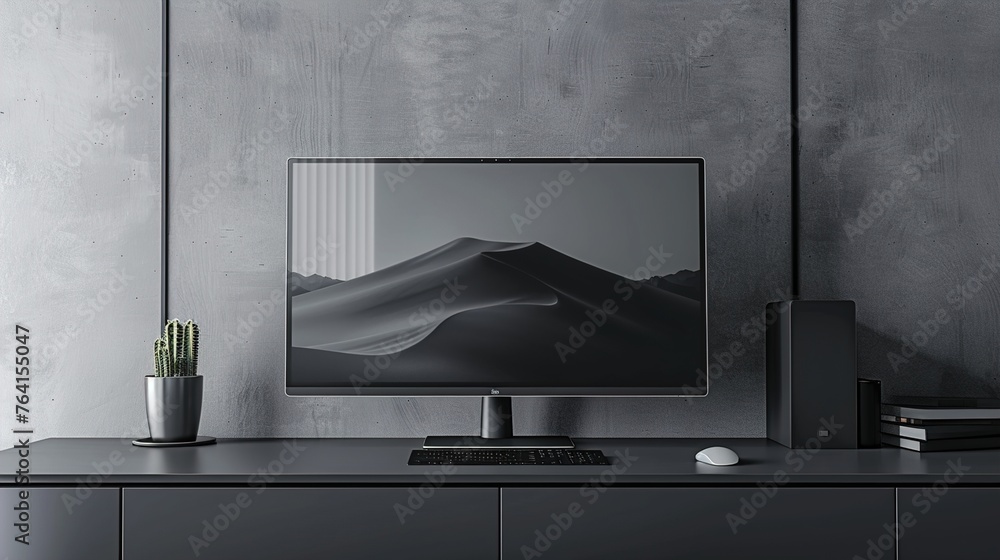 Poster a minimalist desktop computer in matte black against a backdrop of sleek silver, its monitor display