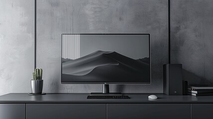 A minimalist desktop computer in matte black against a backdrop of sleek silver, its monitor displaying crisp graphics and clean lines, epitomizing modern elegance.