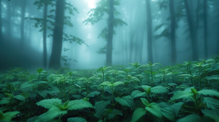 Misty forest scene with young green plants under soft light, creating a serene, ethereal atmosphere