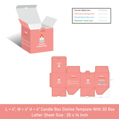 Candle Packaging box Size 4x4x4 inch dieline template, vector design