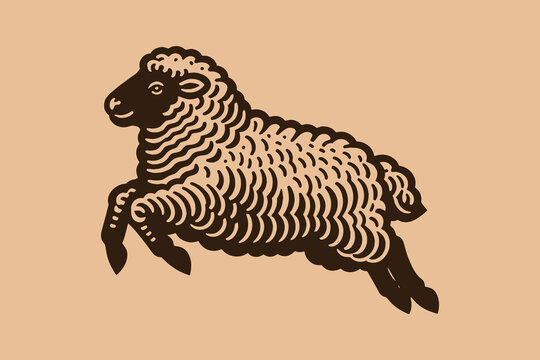 Jumping sheep.  Vintage retro engraving illustration. Black icon, isolated element	
