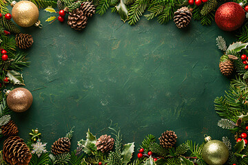 Red and green holiday border, festive christmas tree frame on a wooden background