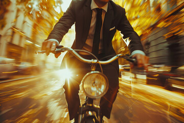 Dynamic Businessman Cycling Through City at Sunset
