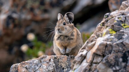 Naklejka na ściany i meble A small rodent, akin to an American Pika, is perched on a rock, displaying its natural behavior. The rodent appears alert and observant as it sits atop the rocky surface.