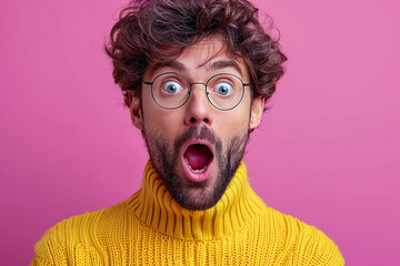 Shocked young man in a yellow sweater and glasses against a pink background expressing surprise