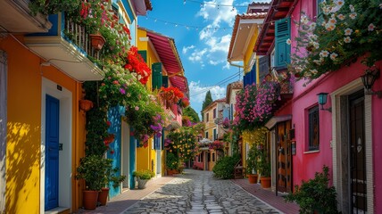 A picturesque alley lined with vibrant houses and floral charm