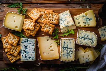 Assorted Cheese and Crackers on Wooden Board.