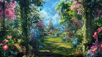 enchanting summer garden pathway, colorful flowers; plants, blue sky