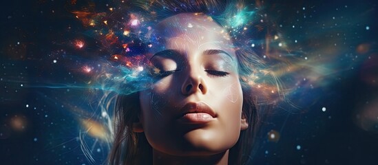 Fototapeta premium A female with closed eyes in a peaceful pose set against a mesmerizing galaxy in the background
