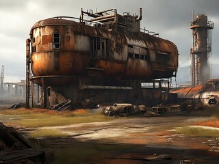 A rusted, weathered metal texture creates a gritty and raw atmosphere.