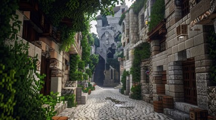 A digital rendering of a medieval cobblestone street in a fantasy world, with stone buildings and lush hanging greenery.