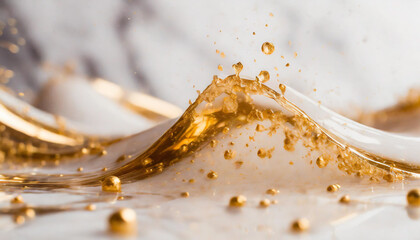 A dynamic splash of golden liquid creates an elegant, swirling shape, captured in mid-air against a white background..