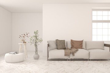 White living room with sofa. Scandinavian interior design. 3D illustration
