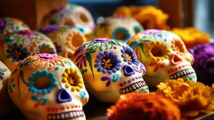 Traditional Mexican painted sugar skulls with floral ornament for Day of dead celebration, close-up, selective focus.