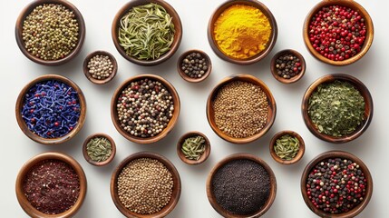 A top view of an assortment of spices, neatly organized in earthy ceramic bowls, showcasing the diversity and color of natural seasonings.