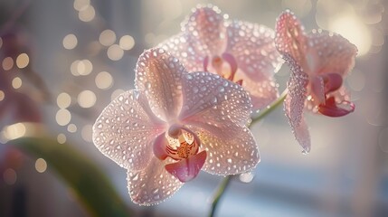 Delicate dewdrops adorn a blooming orchid, capturing the ethereal beauty of the flower basked in the soft glow of morning light.