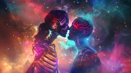 The scenes of the couple's gentle touches are intertwined with fantastic images of cosmic depth and bright neon colors, creating a visual symphony.