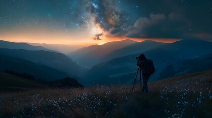 Obraz premium In the background there are high-altitude landscapes, in the foreground there is a photographer focused on shooting the starry sky in the wilderness.