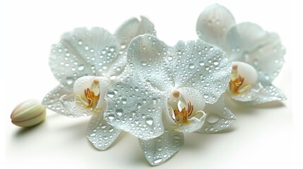 Pristine white orchid petals are delicately adorned with fresh dewdrops, creating a pure and serene display against a brightly lit background.