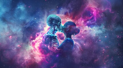 A couple immersed in a psychedelic world discovers astral aspects visible through the skin and captivating with their mystery. - obrazy, fototapety, plakaty