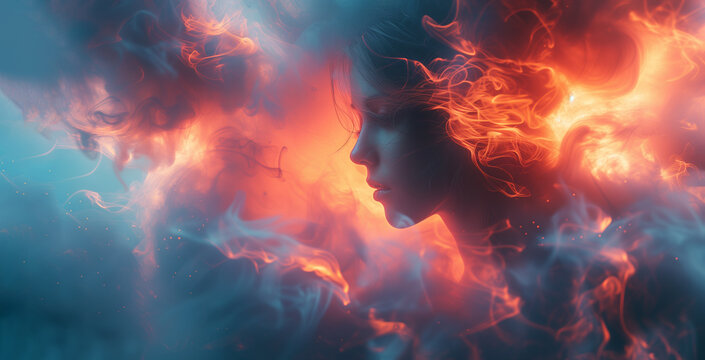 wide-format image of fiery clouds in which the fragile profile of a woman's face is depicted, symbolizing the changeability, fragility and fickleness of the female character