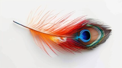 Obraz premium Ethereal and delicate peacock feather with soft red accents, gently resting on a white gradient background, showcasing its unique beauty.