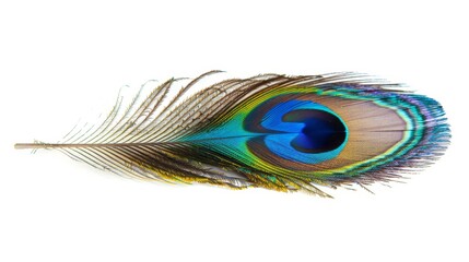 A single, beautifully detailed peacock feather displayed against a pure white background, emphasizing its vibrant colors and patterns.