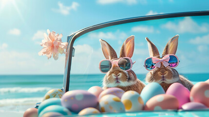 easter bunny wearing sunglasses and easter eggs in cabriolet