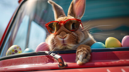 easter bunny wearing sunglasses and easter eggs in cabriolet