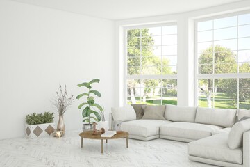 White living room with sofa and summer landscape in window. Scandinavian interior design. 3D illustration