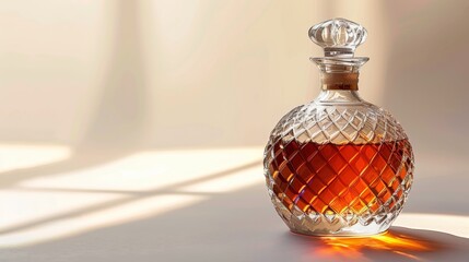 A radiant crystal whiskey decanter, bathed in sunlight, casting warm glows and shadows on a neutral table surface.